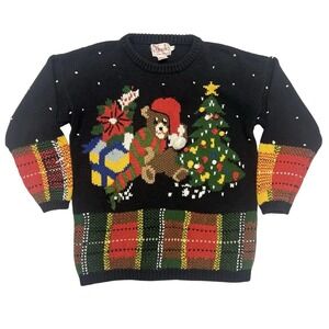 VINTAGE Rafaella Hand Knitted 3D Christmas Bear Sweater Womens Size S Plaid